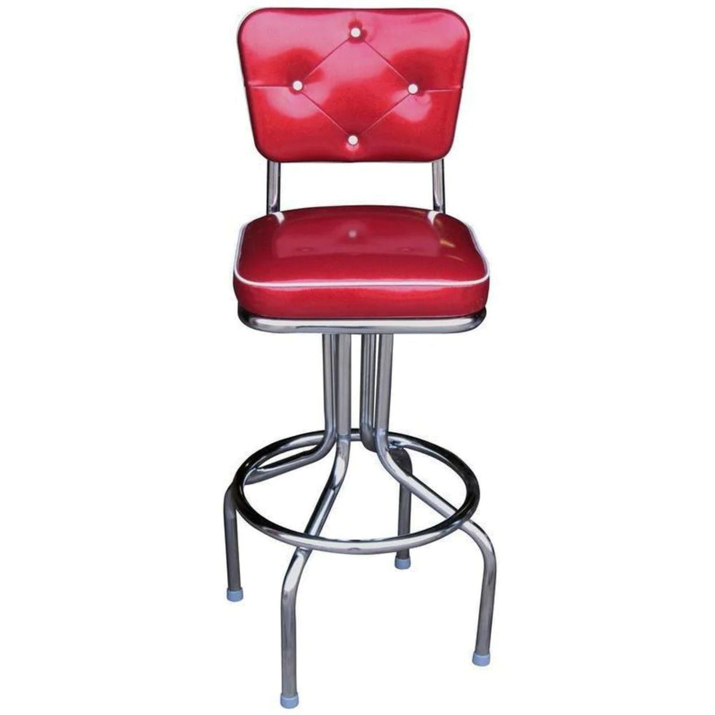 Retro diner bar stool with red vinyl upholstery and chrome swivel base