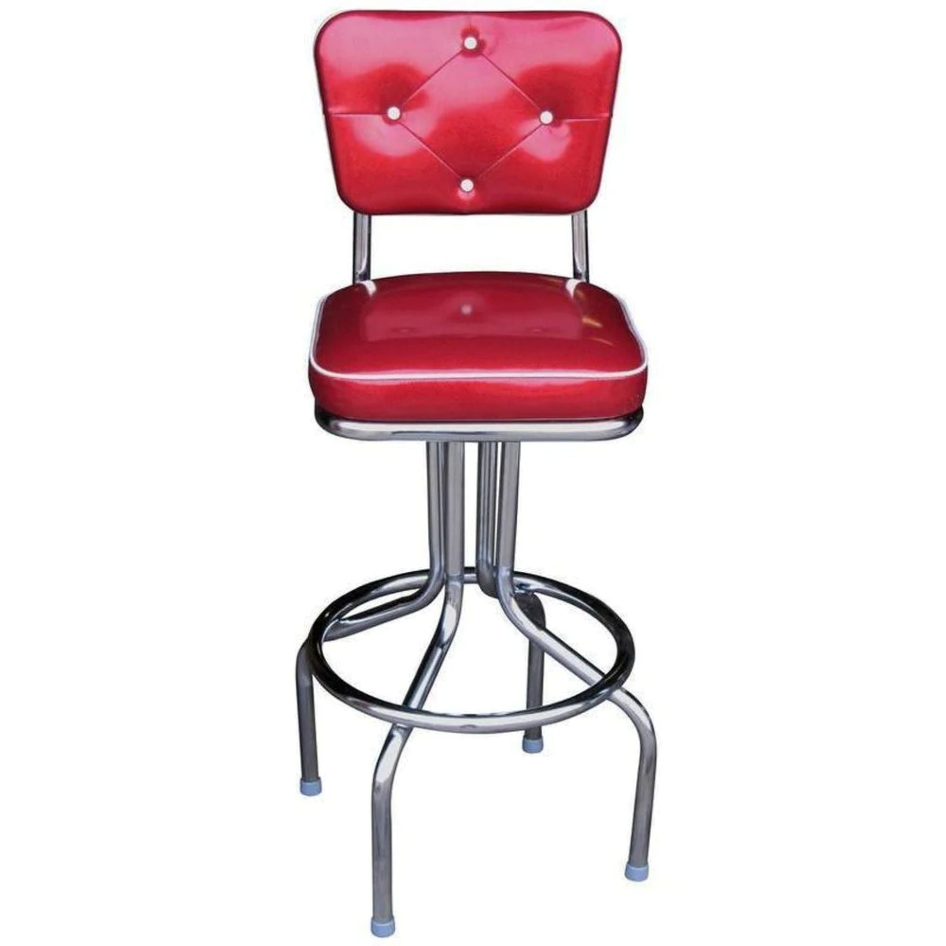 Retro diner bar stool with red vinyl upholstery and chrome swivel base