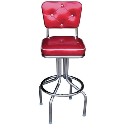 Retro diner bar stool with red vinyl upholstery and chrome swivel base