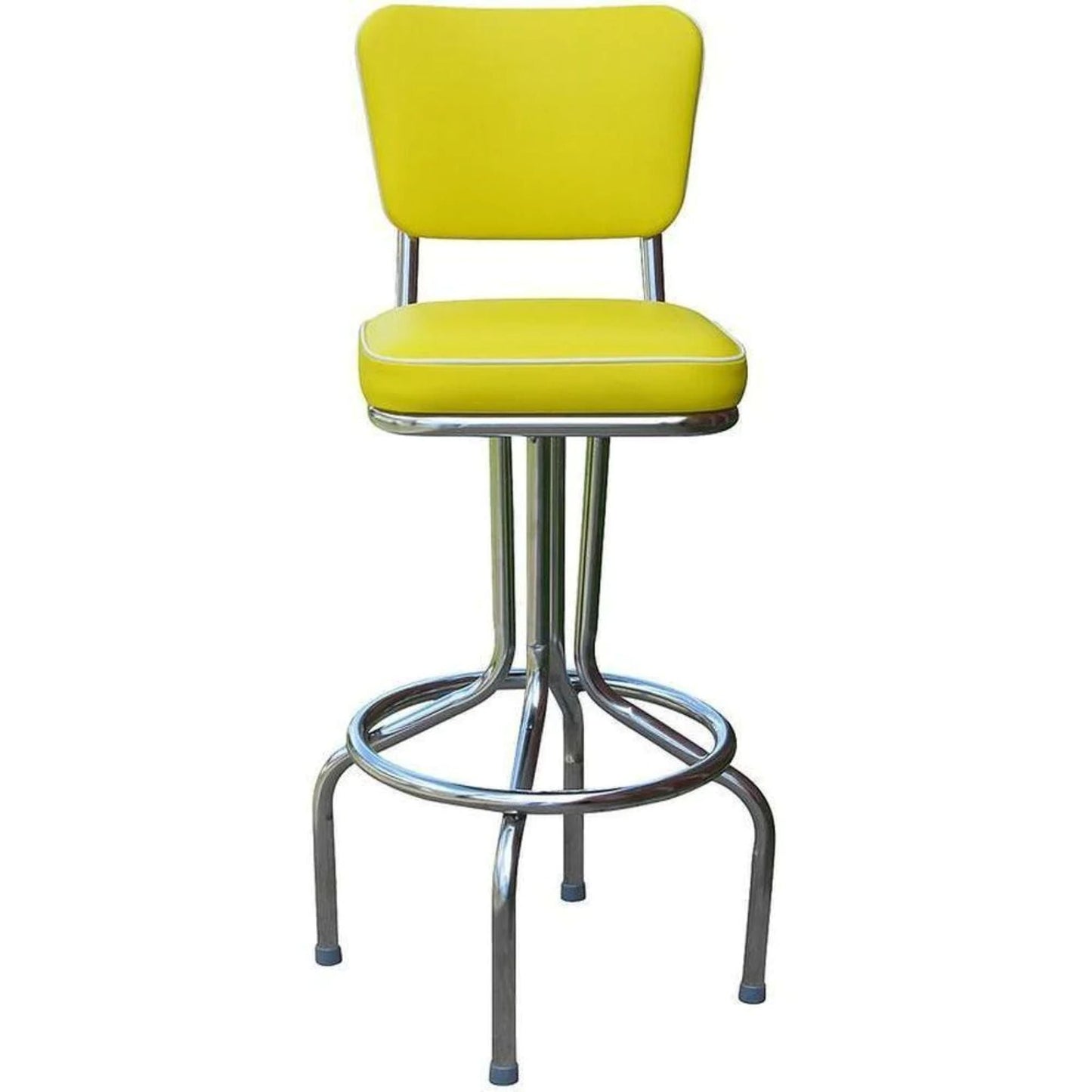 Vintage diner-style bar stool in yellow vinyl with padded seat and chrome legs