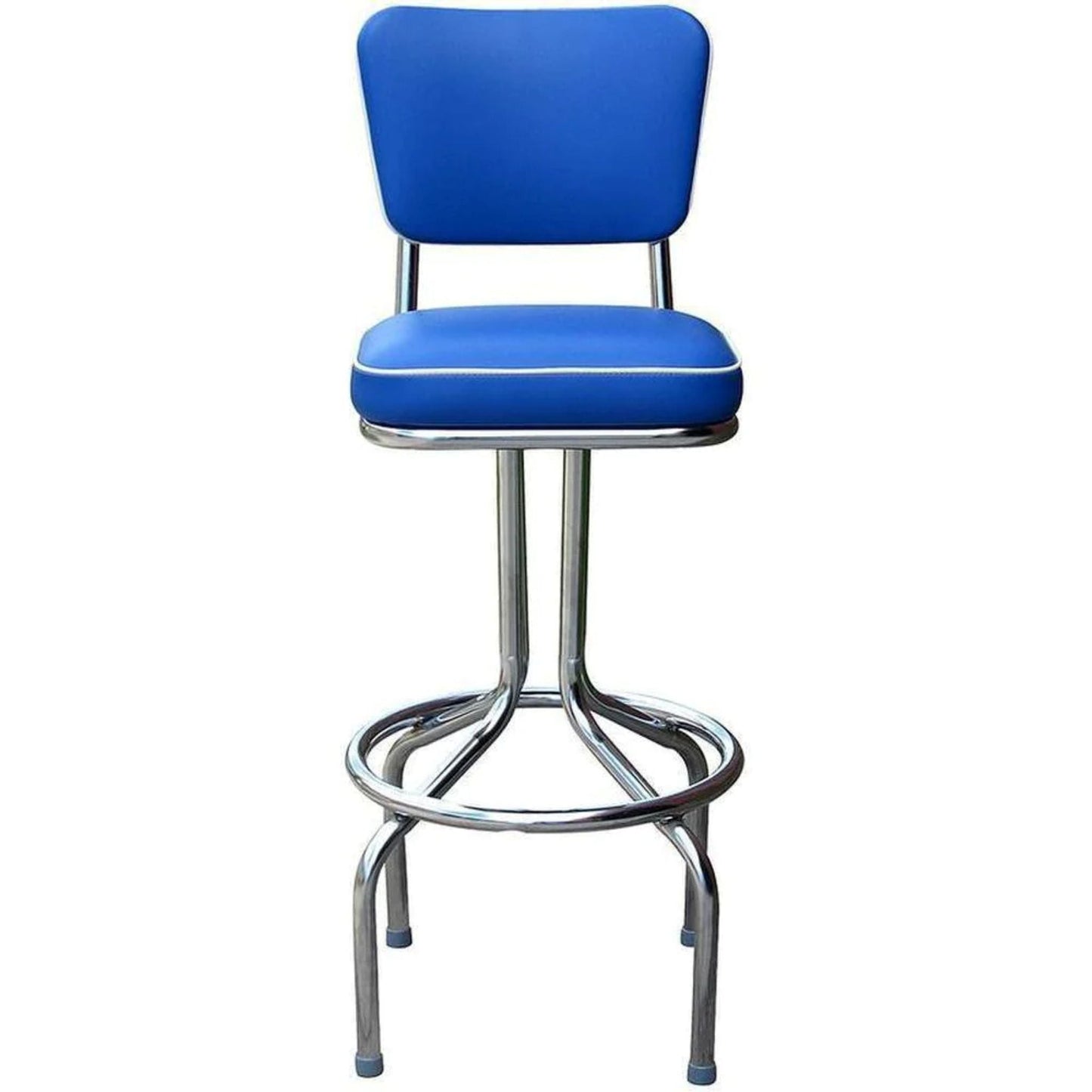 Retro diner bar stool with blue vinyl upholstery and chrome swivel frame