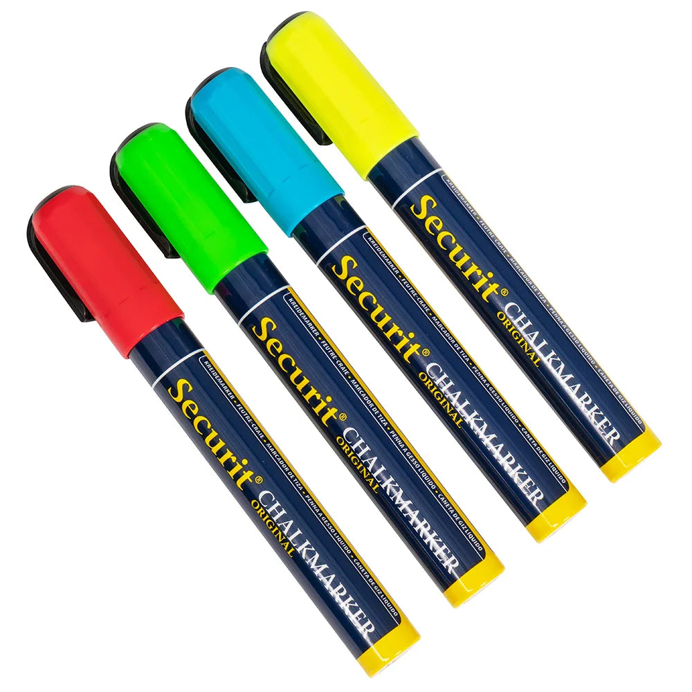 Small-tip commercial chalk marker in green for writing on chalkboards.