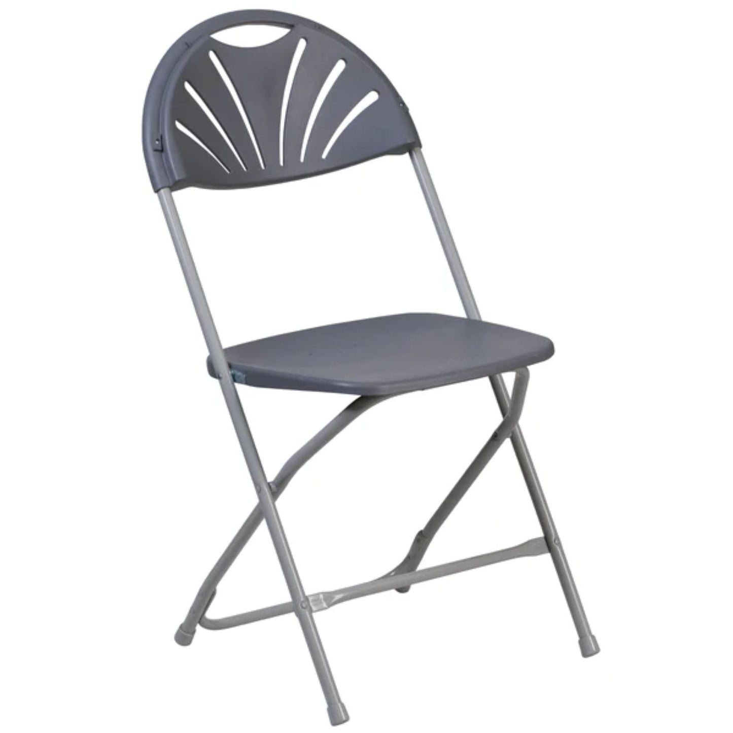 Front view of charcoal fan back folding chair with contoured seat and steel frame.