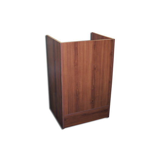 Front view of the Economy Cash Register Stand in a cherry wood finish, showing the compact countertop and clean checkout design.