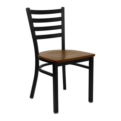 Ladder-back restaurant chair with cherry wood seat and black powder-coated steel frame, front view