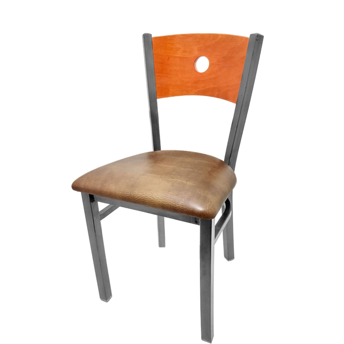 Dining chair with cherry wood back and buckskin vinyl seat.