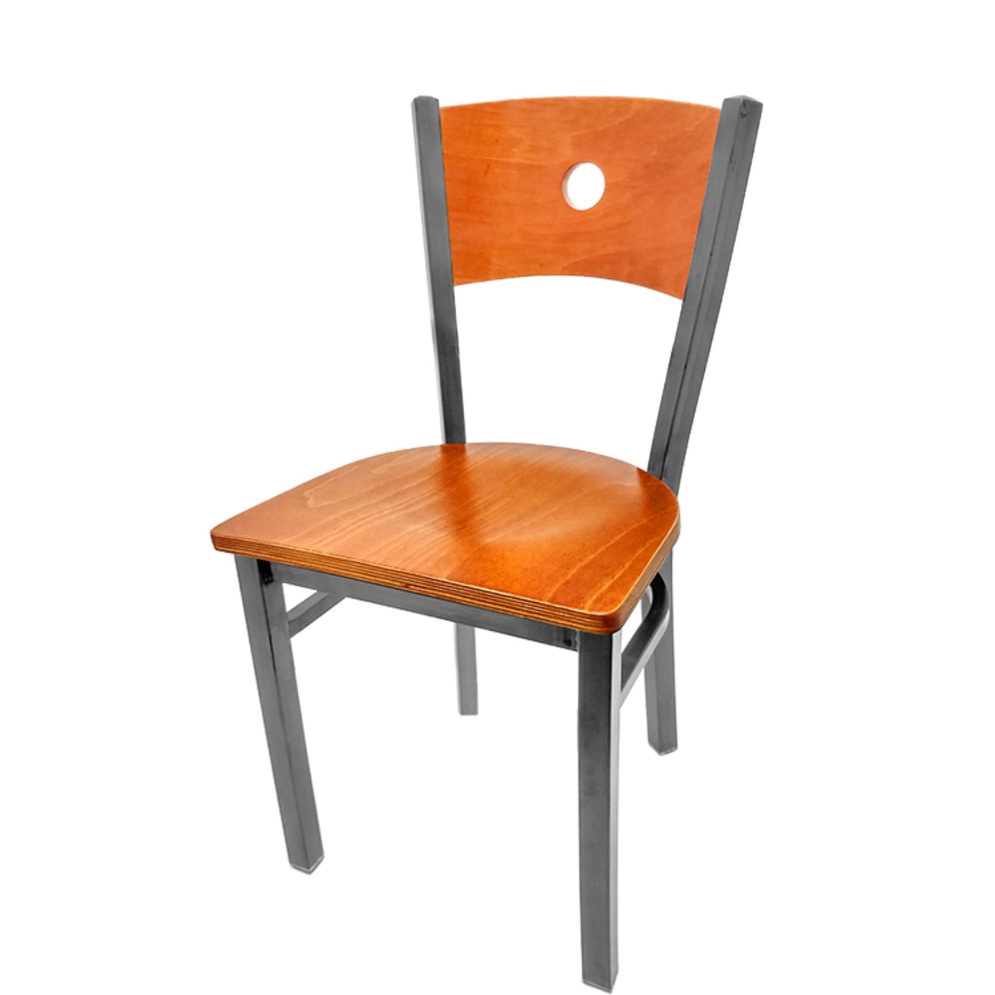 Dining chair with cherry wood back and cherry wood seat.