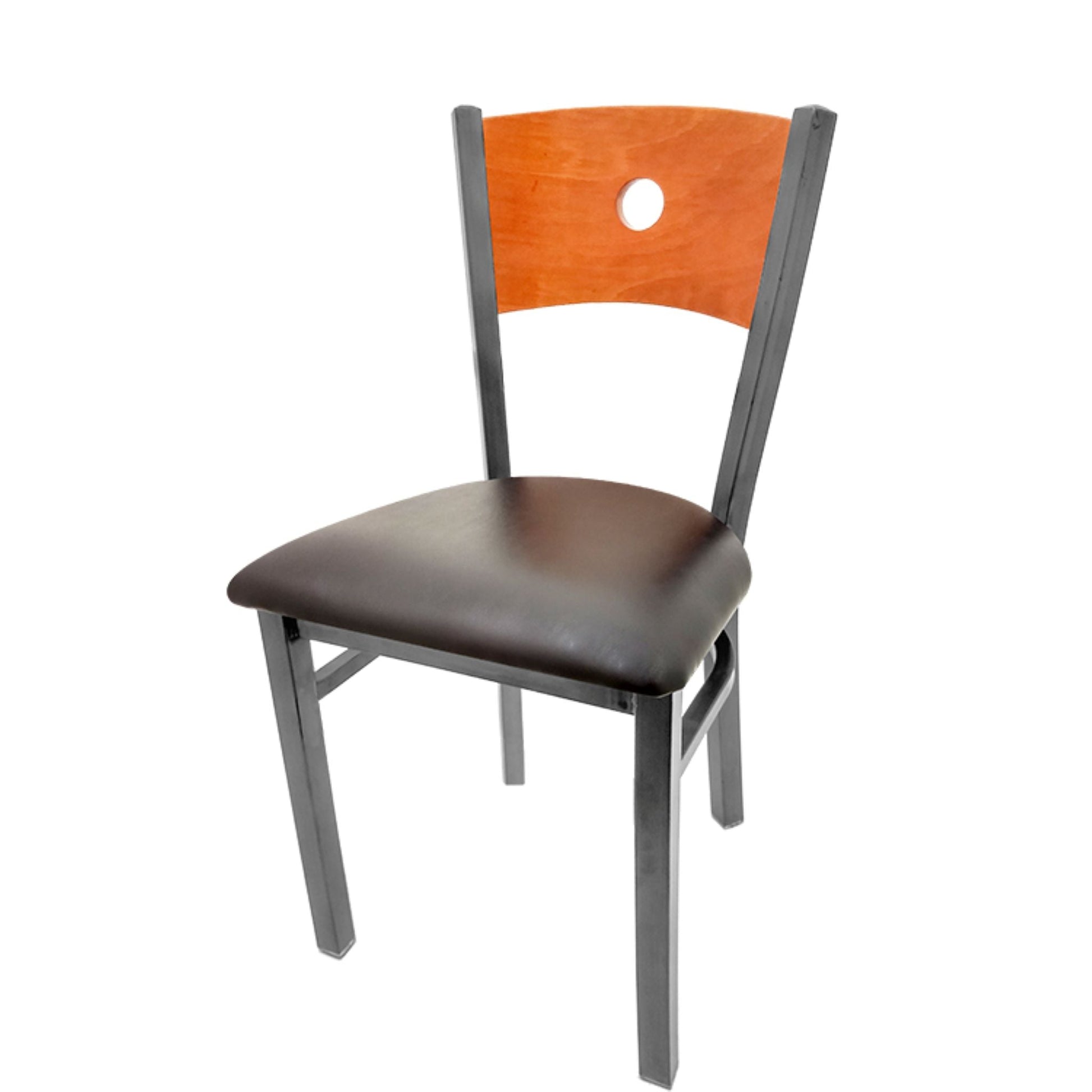 Dining chair with cherry wood back and espresso vinyl seat