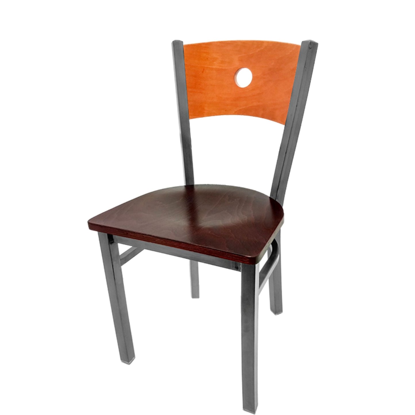 Dining chair with cherry wood back and mahogany wood seat.