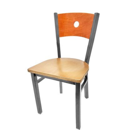 Dining chair with cherry wood back and natural wood seat.