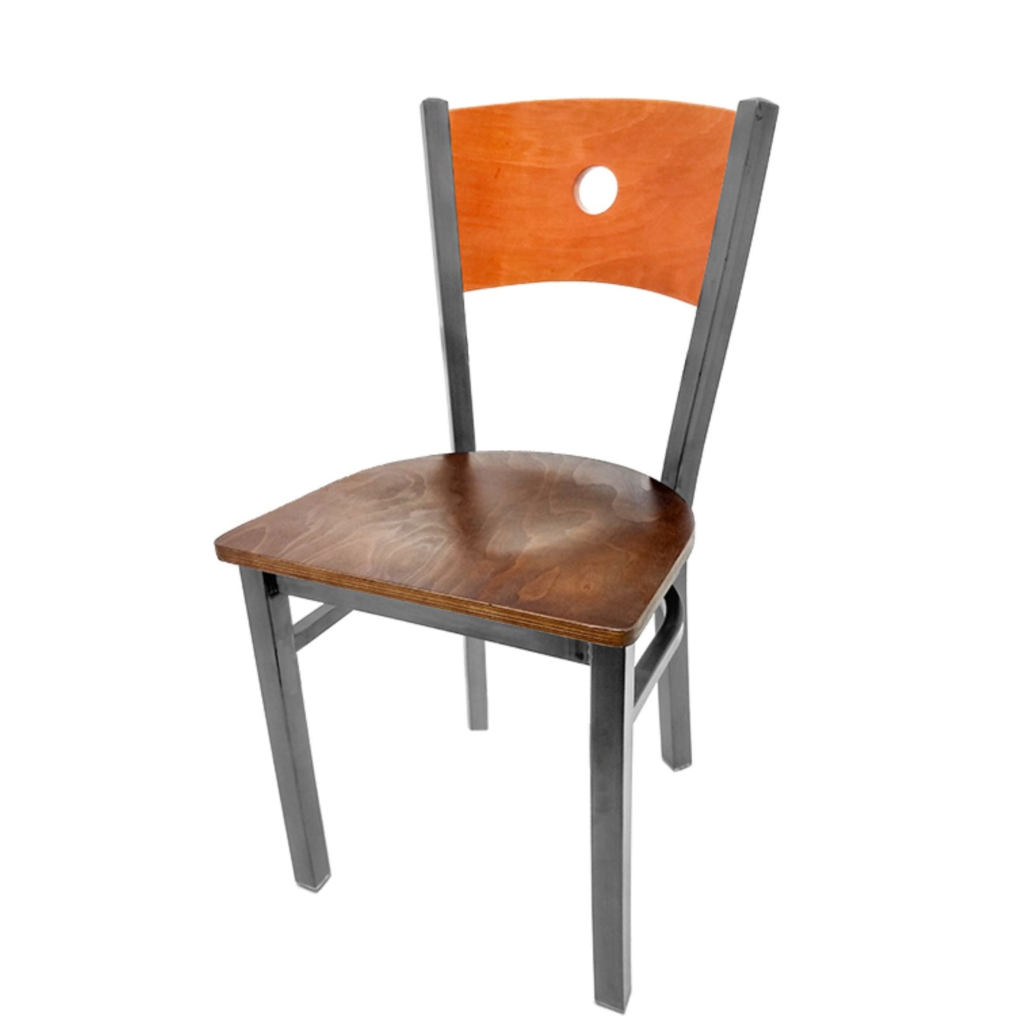 Dining chair with cherry wood back and walnut wood seat.