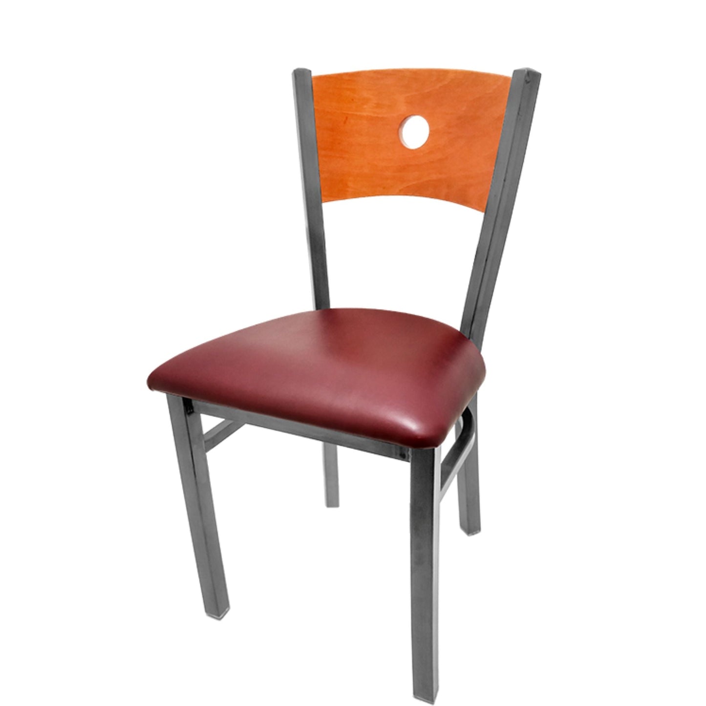 Dining chair with cherry wood back and wine vinyl seat.