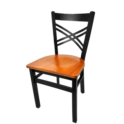 Crossback dining chair with black powder-coated steel frame and cherry stained solid wood seat.