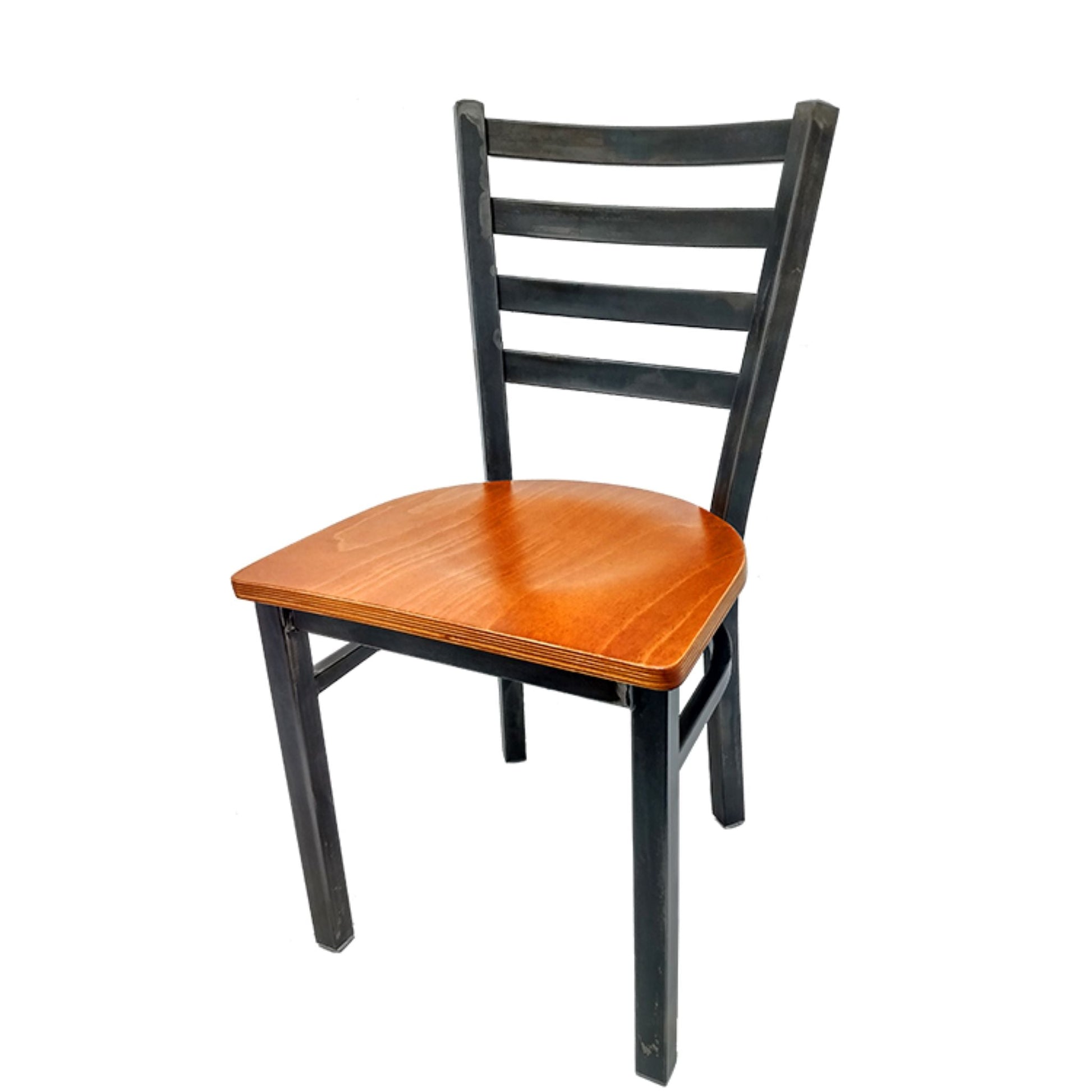 Rustic ladderback metal dining chair with clear coat steel frame and cherry stain solid wood seat.