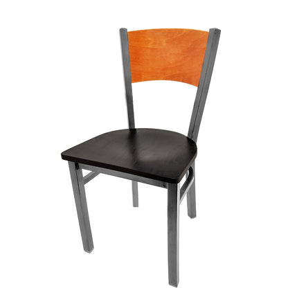 Dining chair with cherry stain seat back and black stain wood seat.