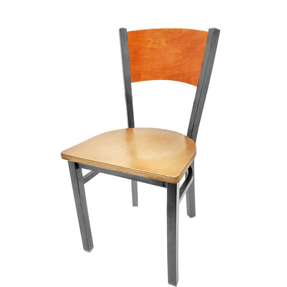 Dining chair with cherry stain seat back and clear coat wood seat.
