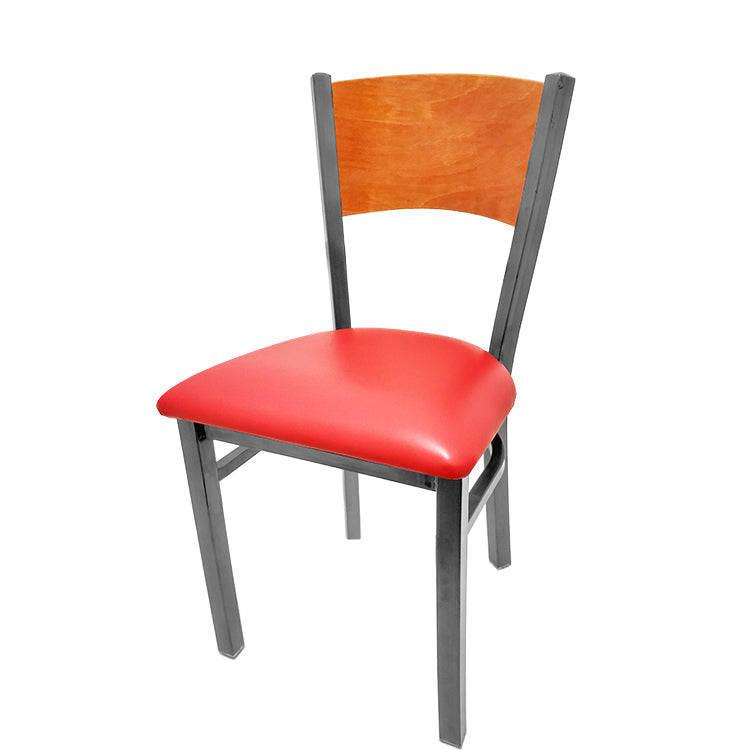 Dining chair with cherry stain seat back and red vinyl seat.