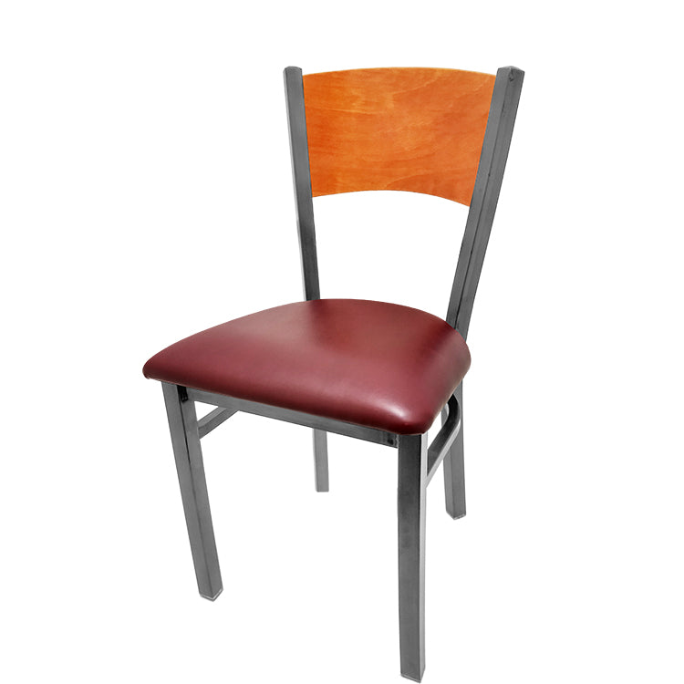 Dining chair with cherry stain seat back and wine vinyl seat.
