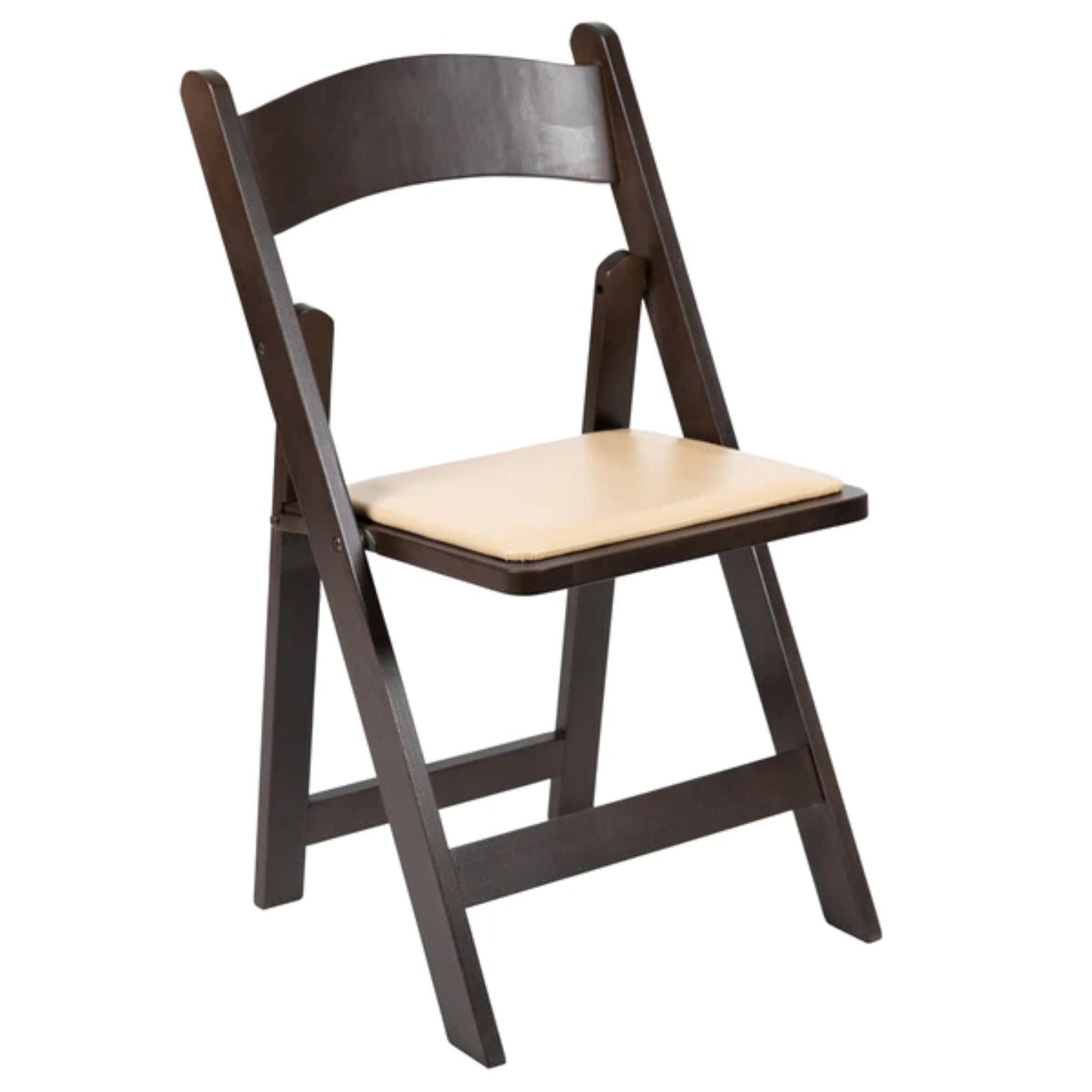 Front view of chocolate-brown wood folding chair with padded vinyl seat.