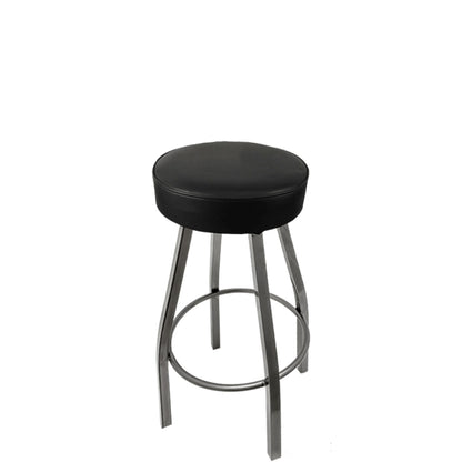 Standard button top barstool with clear coat swivel frame and black vinyl seat