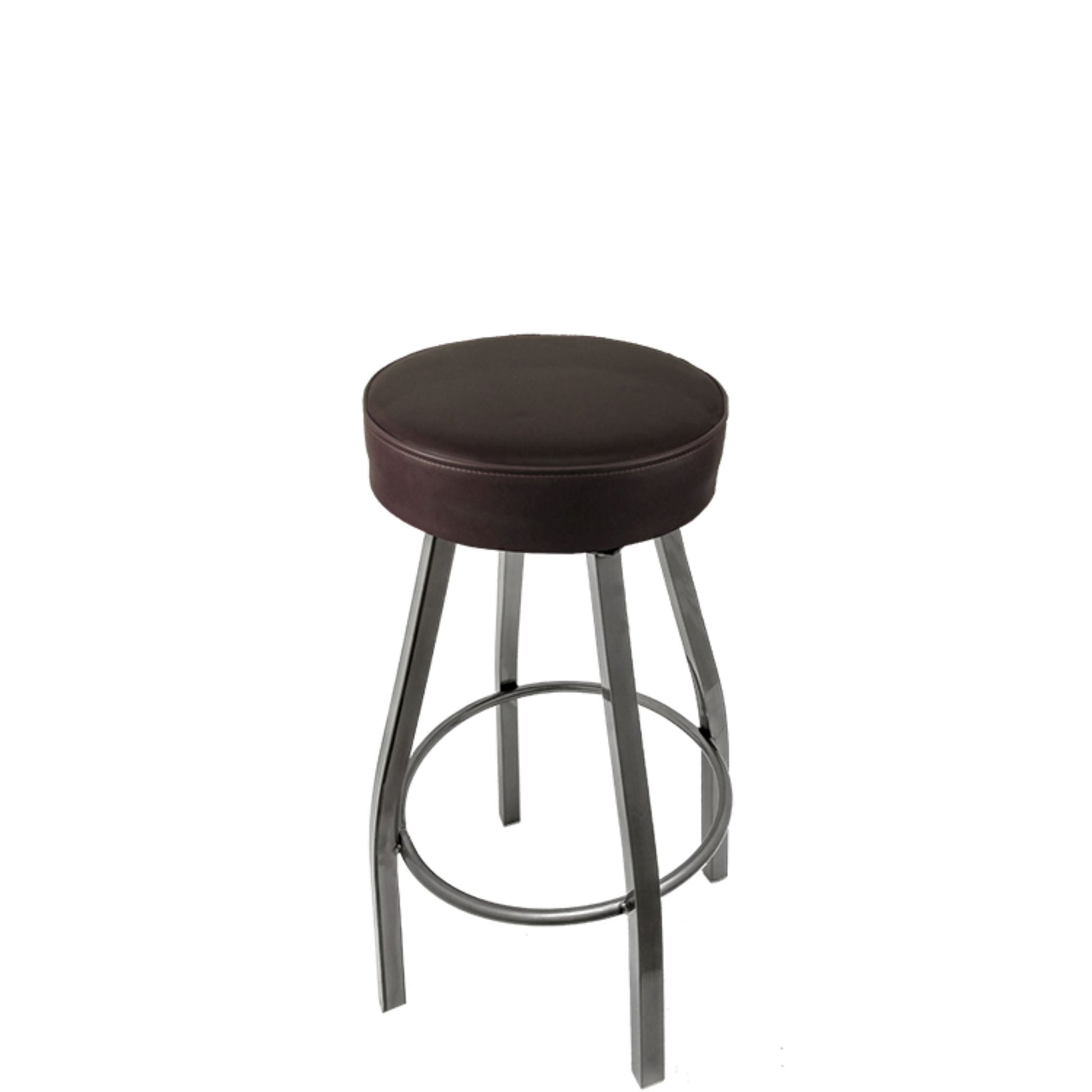 Standard button top barstool with clear coat swivel frame and espresso vinyl seat