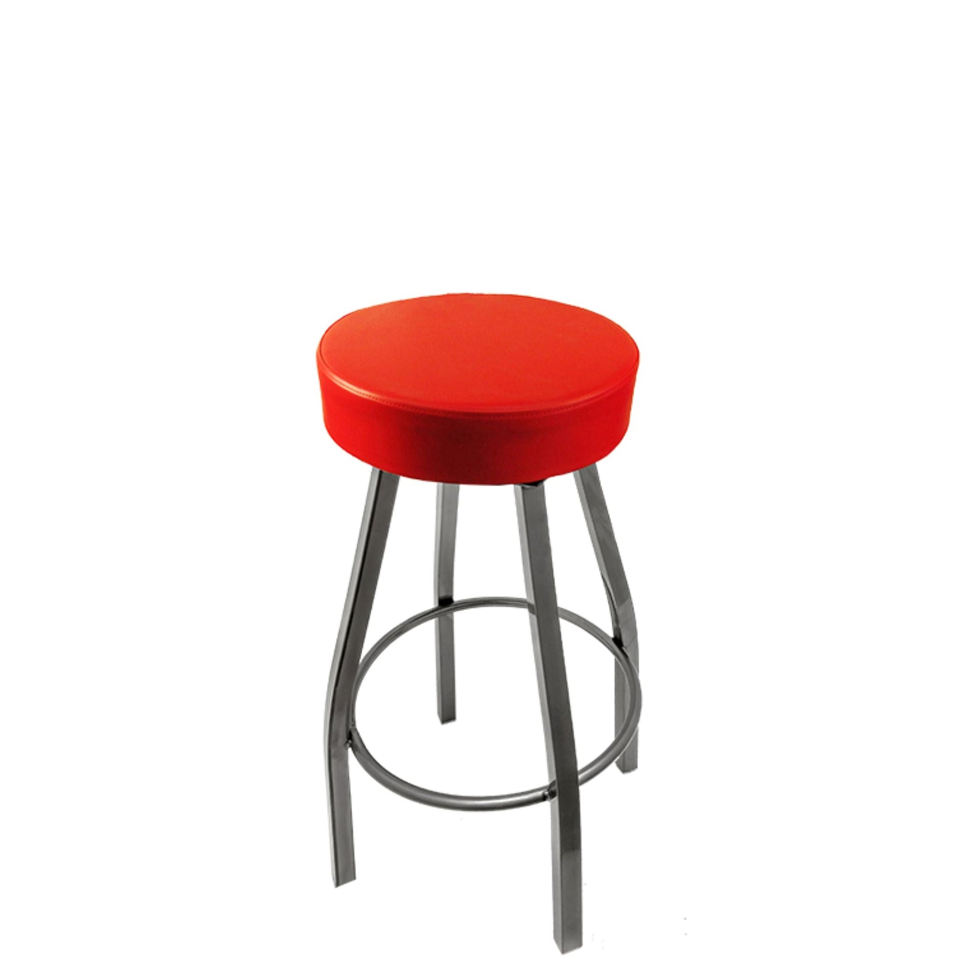 Standard button top barstool with clear coat swivel frame and red vinyl seat