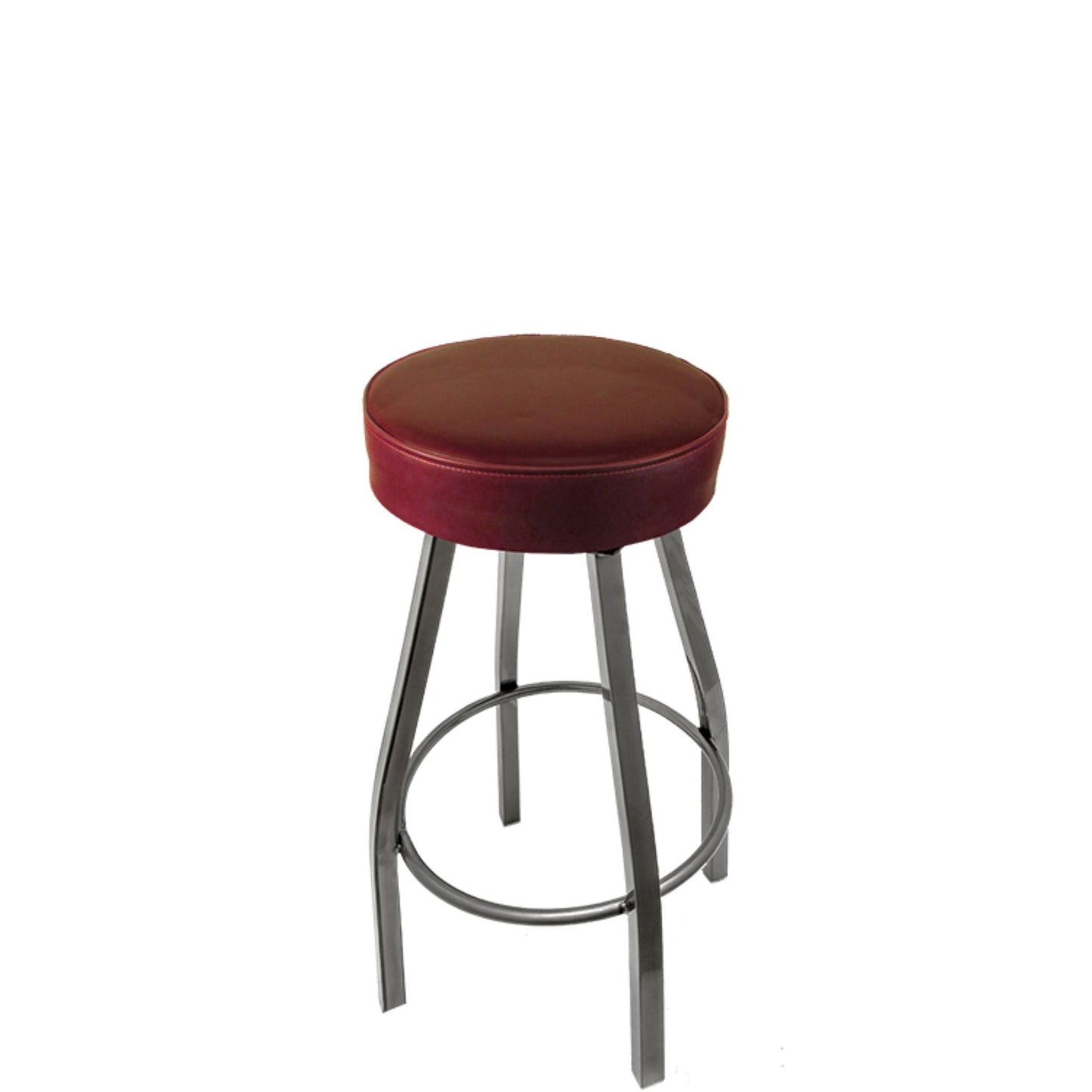 Standard button top barstool with clear coat swivel frame and wine vinyl seat