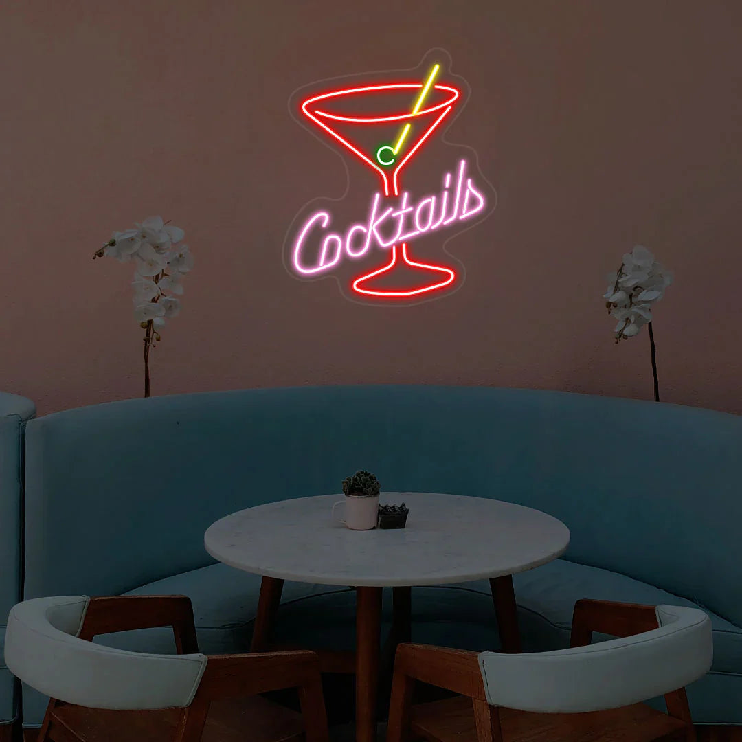 Multicolor Cocktails Glass Neon Sign glowing with vibrant LED hues of pink, blue, yellow, and green, perfect wall light for bars and lounges.