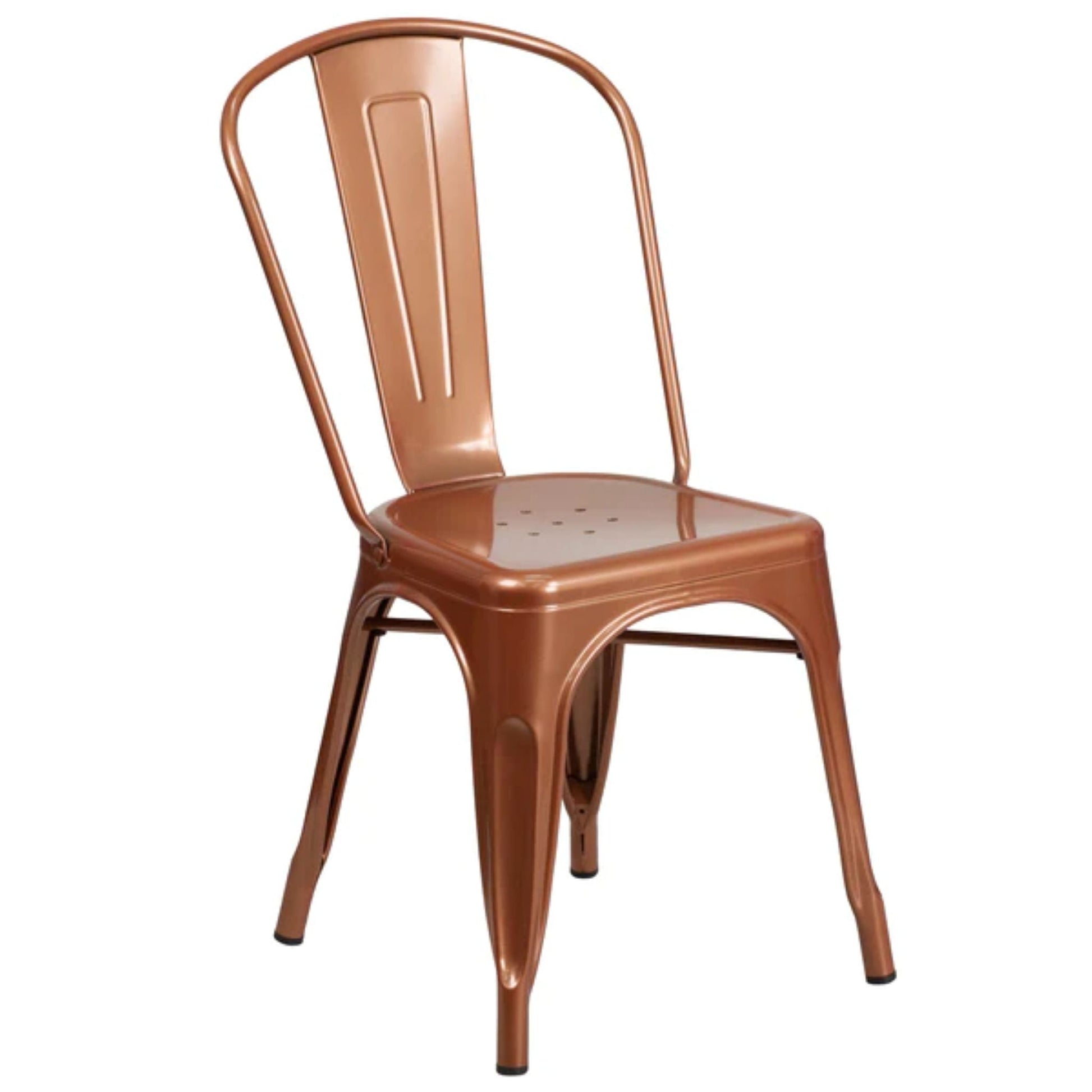 Copper-colored metal indoor–outdoor stackable chair with slatted seat and curved backrest.