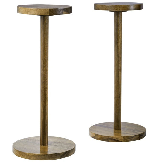 Countertop wood hat display stand in a walnut finish with a round base and vertical post.