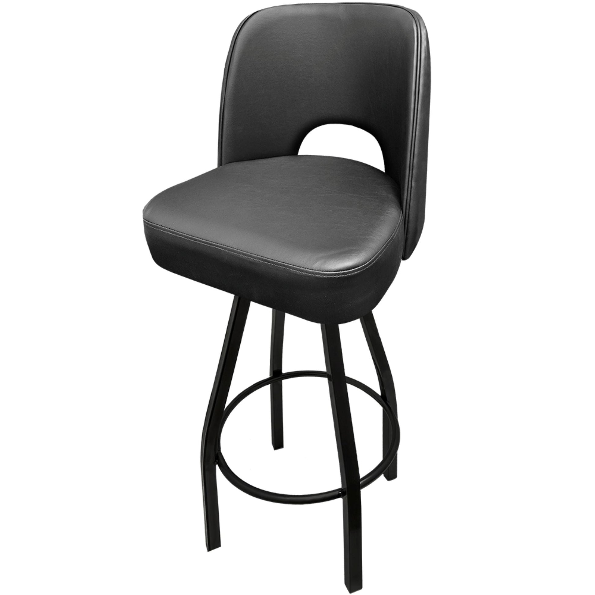 Cutout back bucket barstool with black swivel frame and black upholstered seat