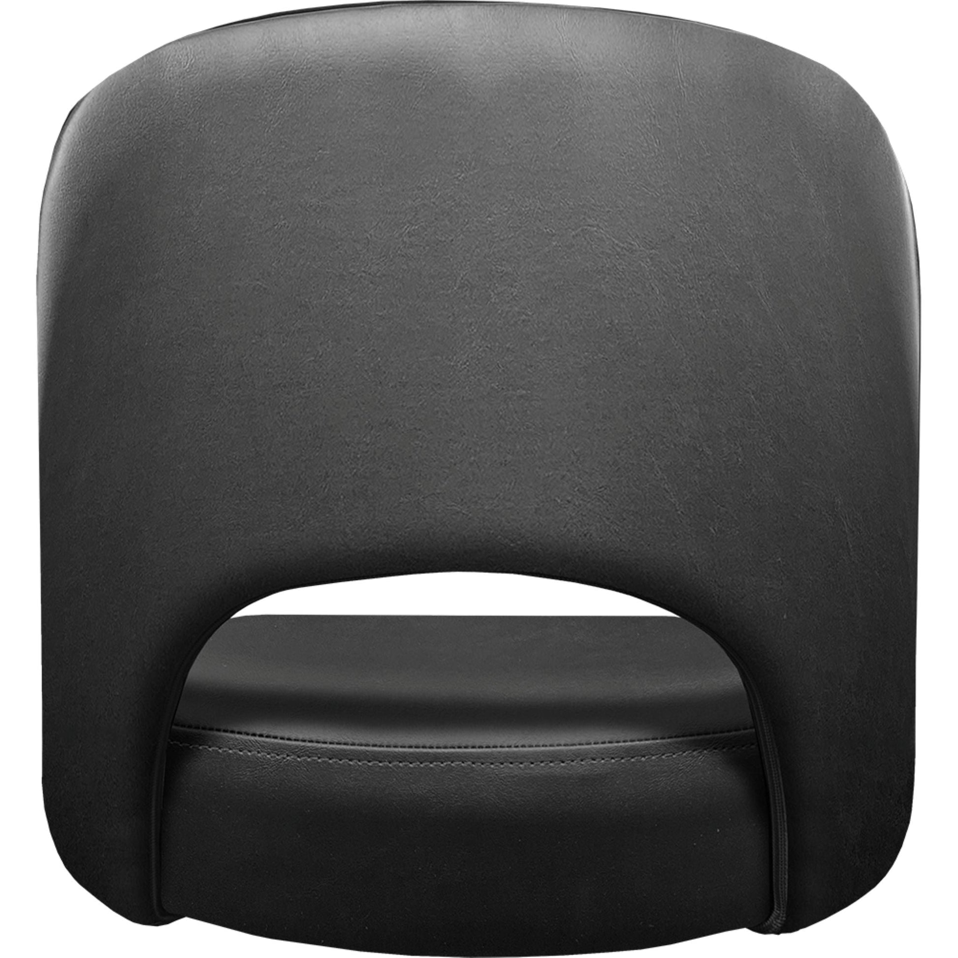 Cutout back bucket barstool with black swivel frame and black upholstered seat rear view