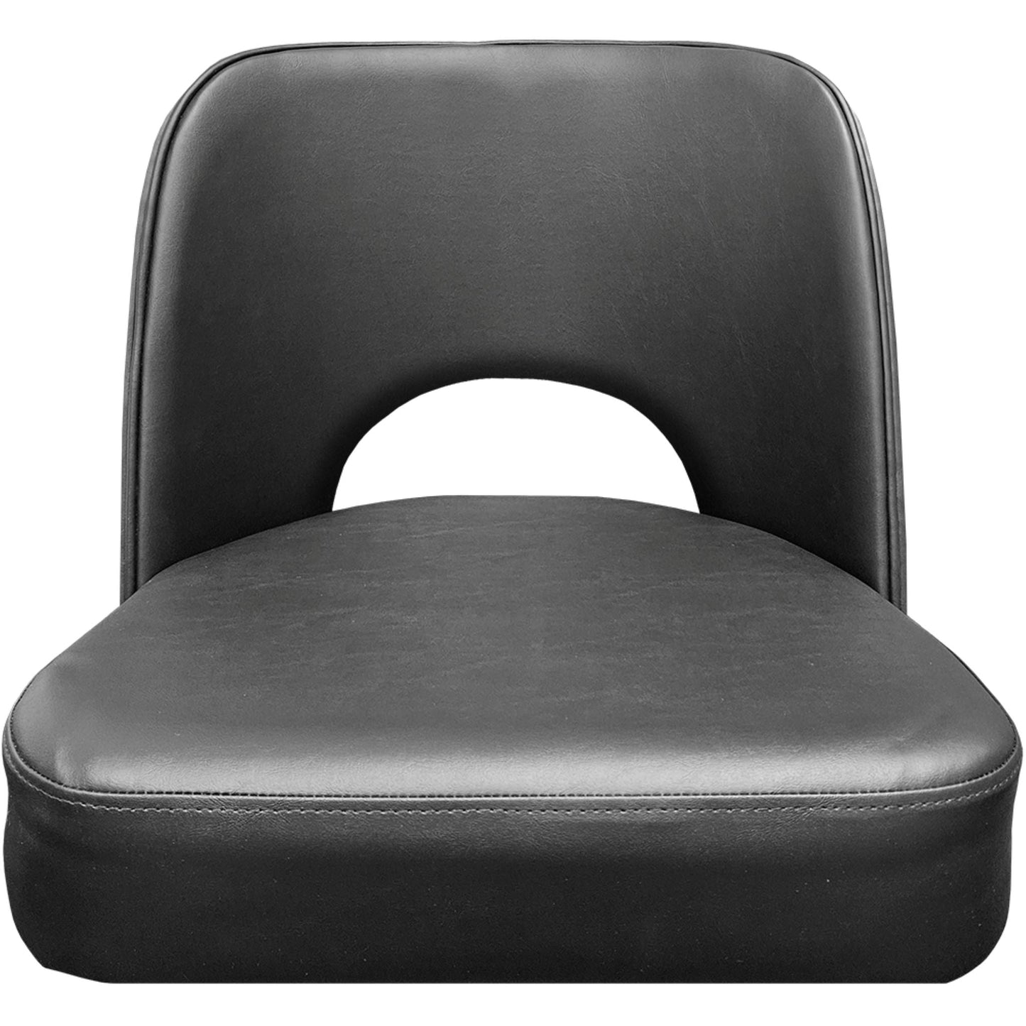 Cutout back bucket barstool with black swivel frame and black upholstered seat zoom front view