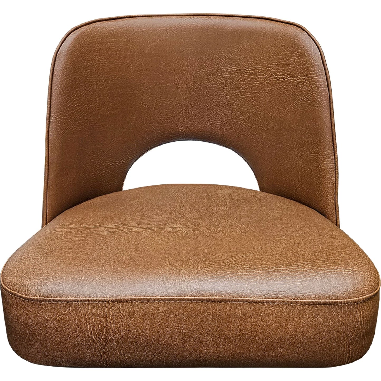 Cutout back bucket barstool with black swivel frame and buckskin upholstered seat zoom front view