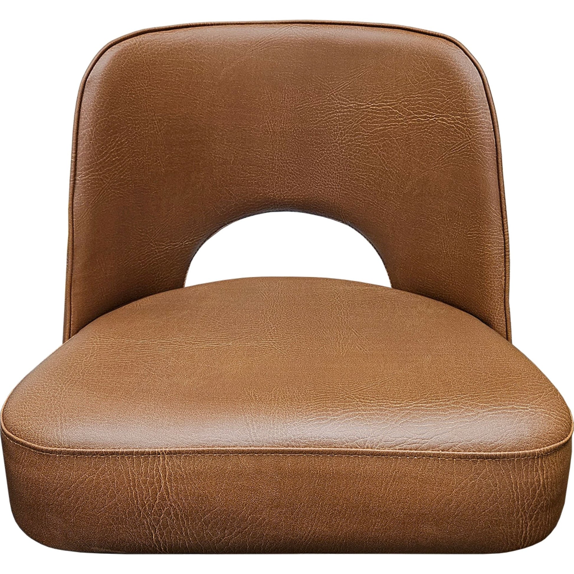 Cutout back bucket barstool with black swivel frame and buckskin upholstered seat zoom front view