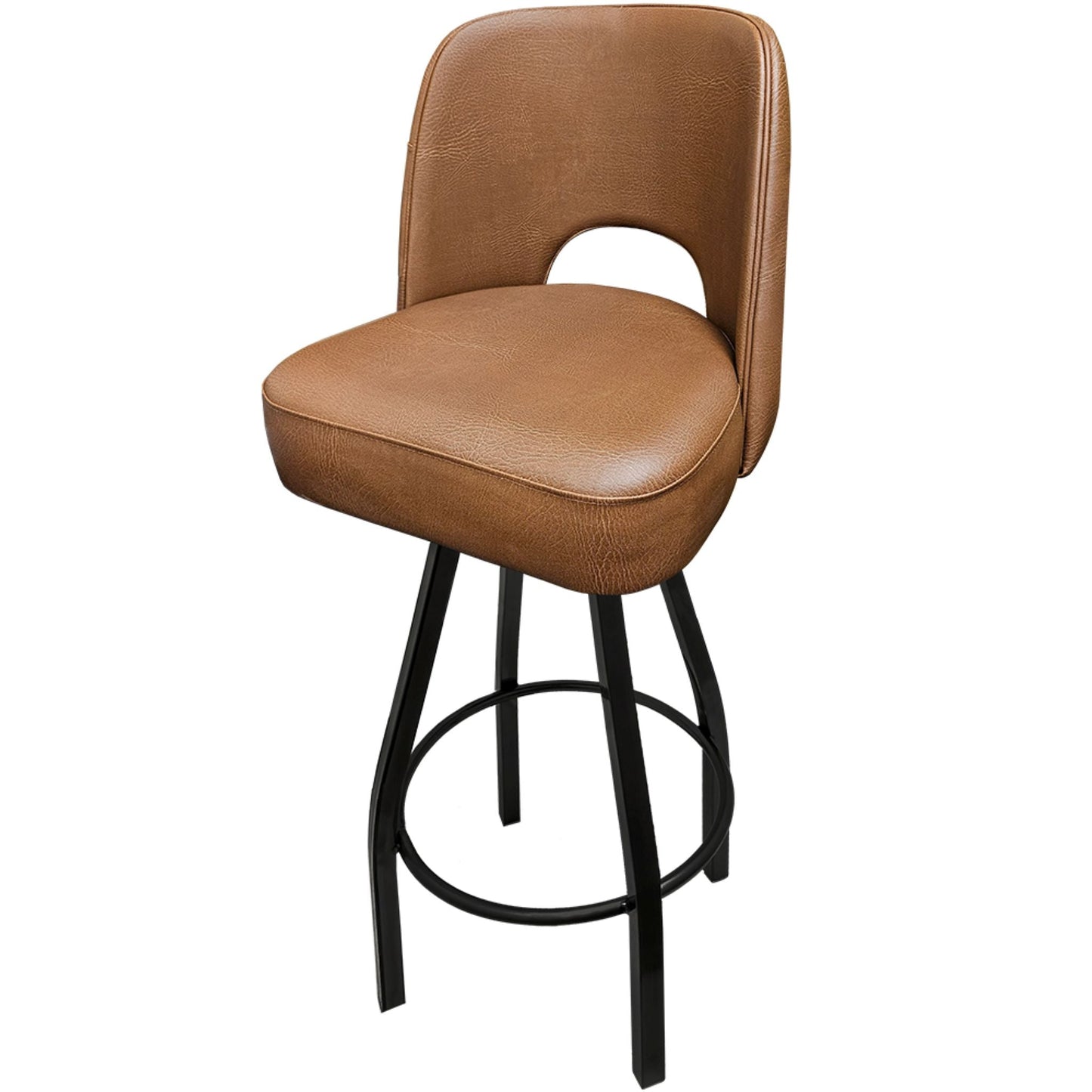 Cutout back bucket barstool with black swivel frame and buckskin upholstered seat front view