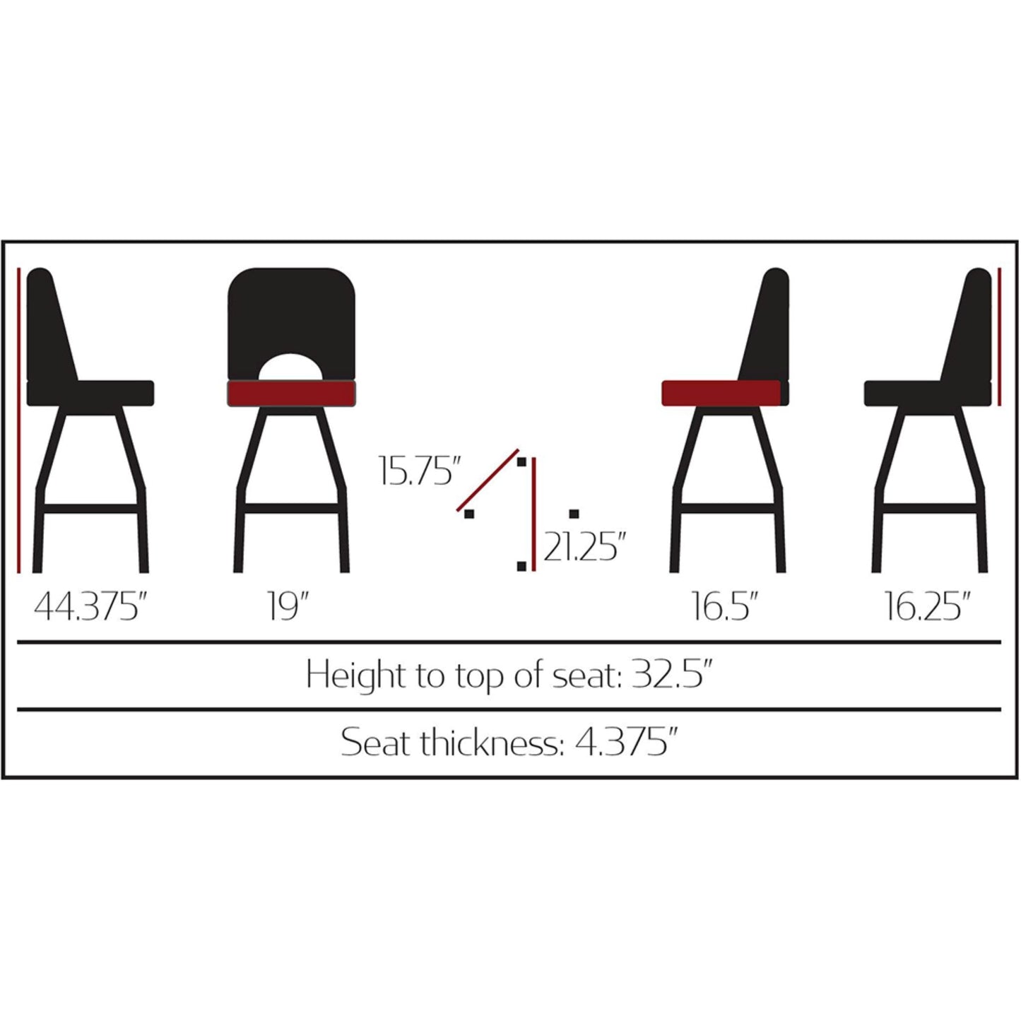 Measurement chart of a bar stool with dimensions labeled