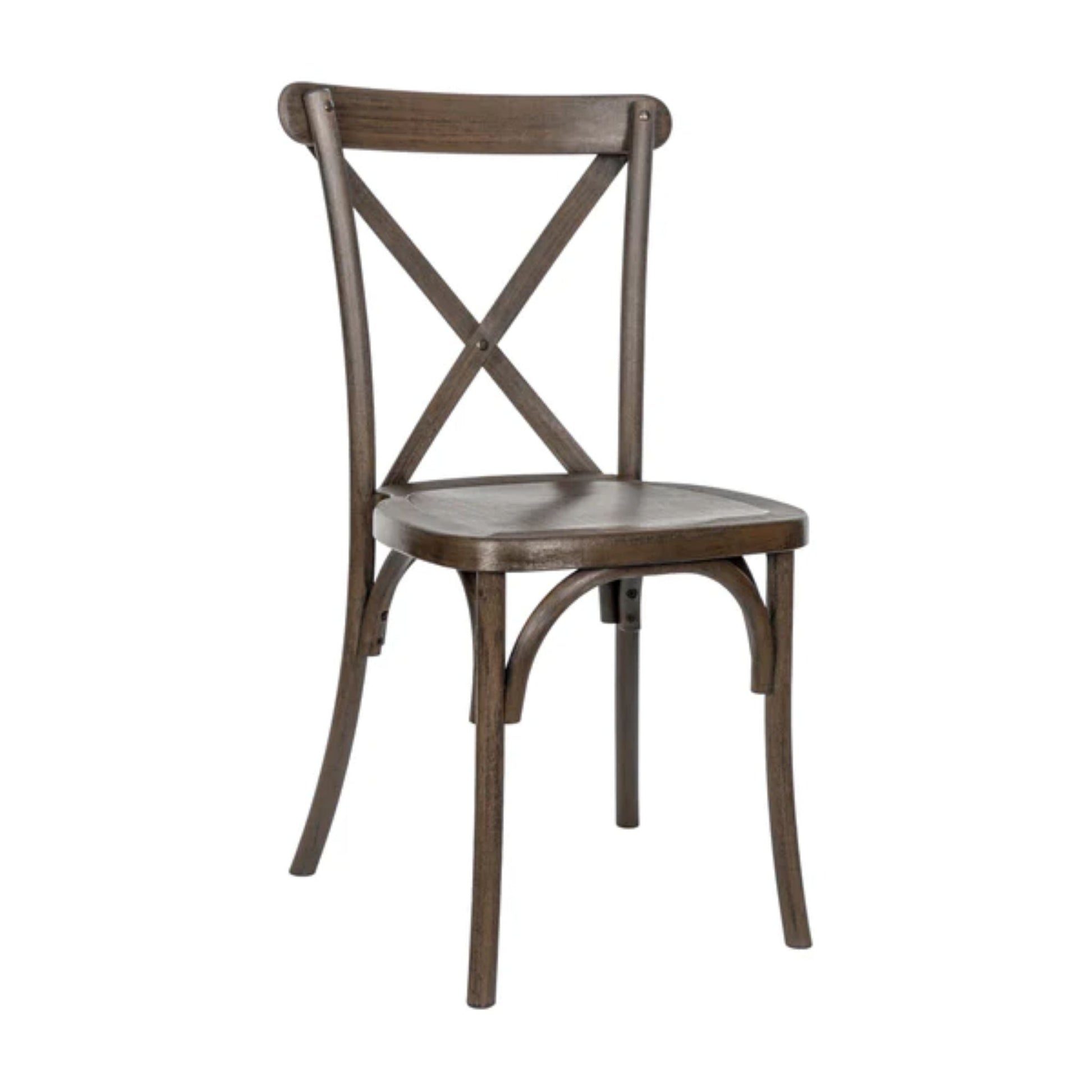 Resin cross back chair in dark brown wood-look finish designed for indoor and outdoor use.