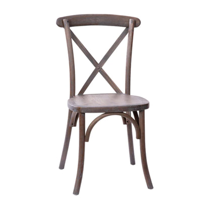 Elm wood X-Back dining chair in dark driftwood finish with weathered wood look.