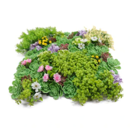 Close-up of assorted succulents and flowers on artificial vertical garden