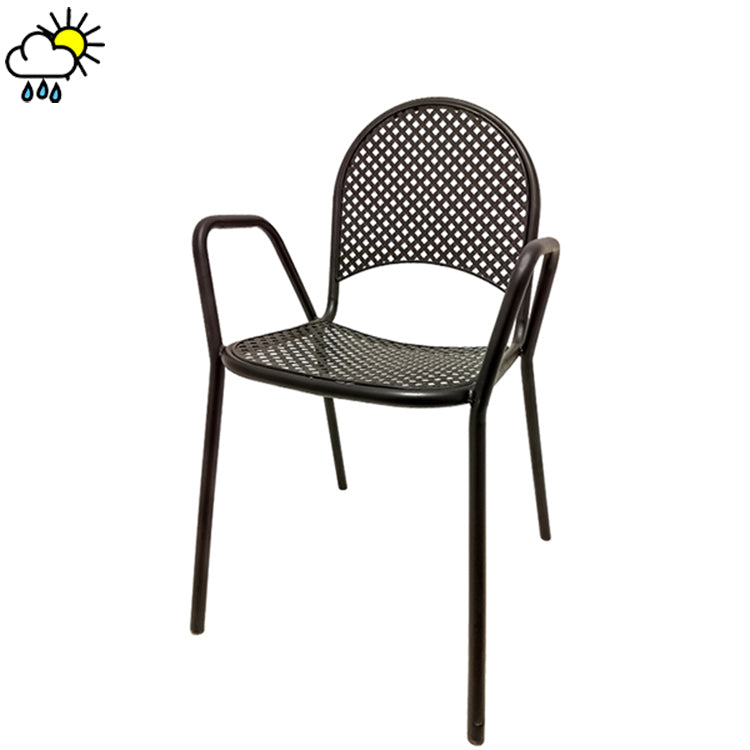 Black metal outdoor armchair with diamond-pattern mesh seat and back, powder-coated steel frame for patio and restaurant use
