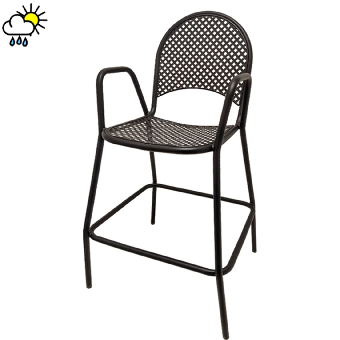 Black metal outdoor bar stool with diamond-pattern mesh seat and back, commercial-grade powder-coated steel frame