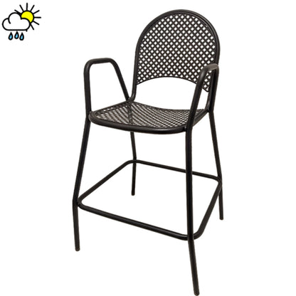 Black metal outdoor bar stool with diamond-pattern mesh seat and back, commercial-grade powder-coated steel frame