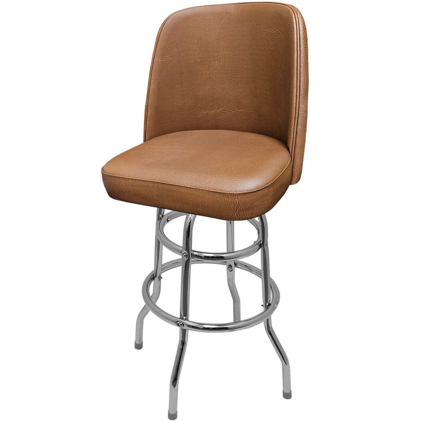 Standard bucket barstool with double rung chrome swivel frame and non-waterfall buckskin vinyl seat