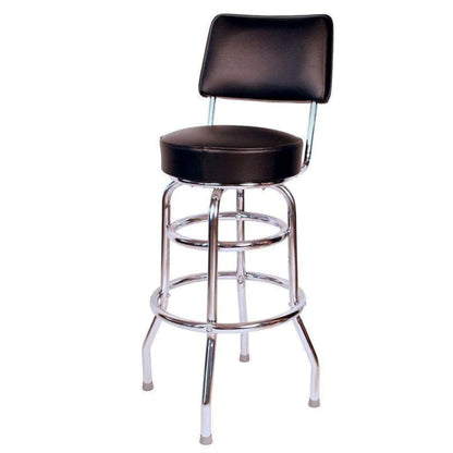 Black vinyl retro bar stool with padded seat, swivel base, and double-ring design