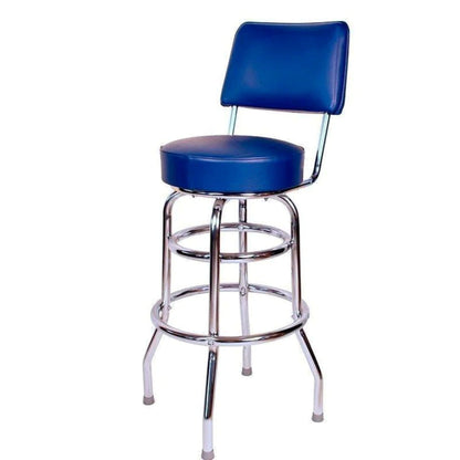 Retro double-ring swivel bar stool with blue vinyl seat and backrest