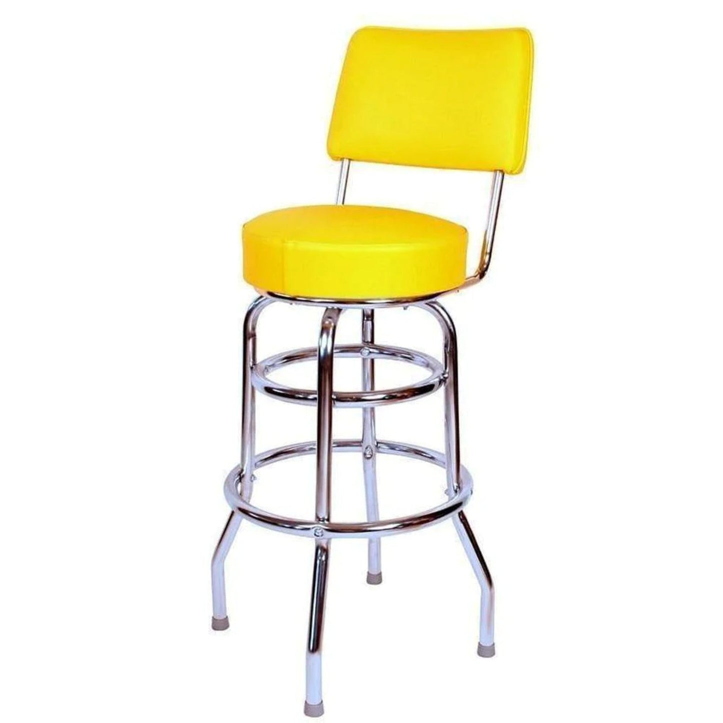 Retro double-ring swivel bar stool with yellow vinyl seat and backrest