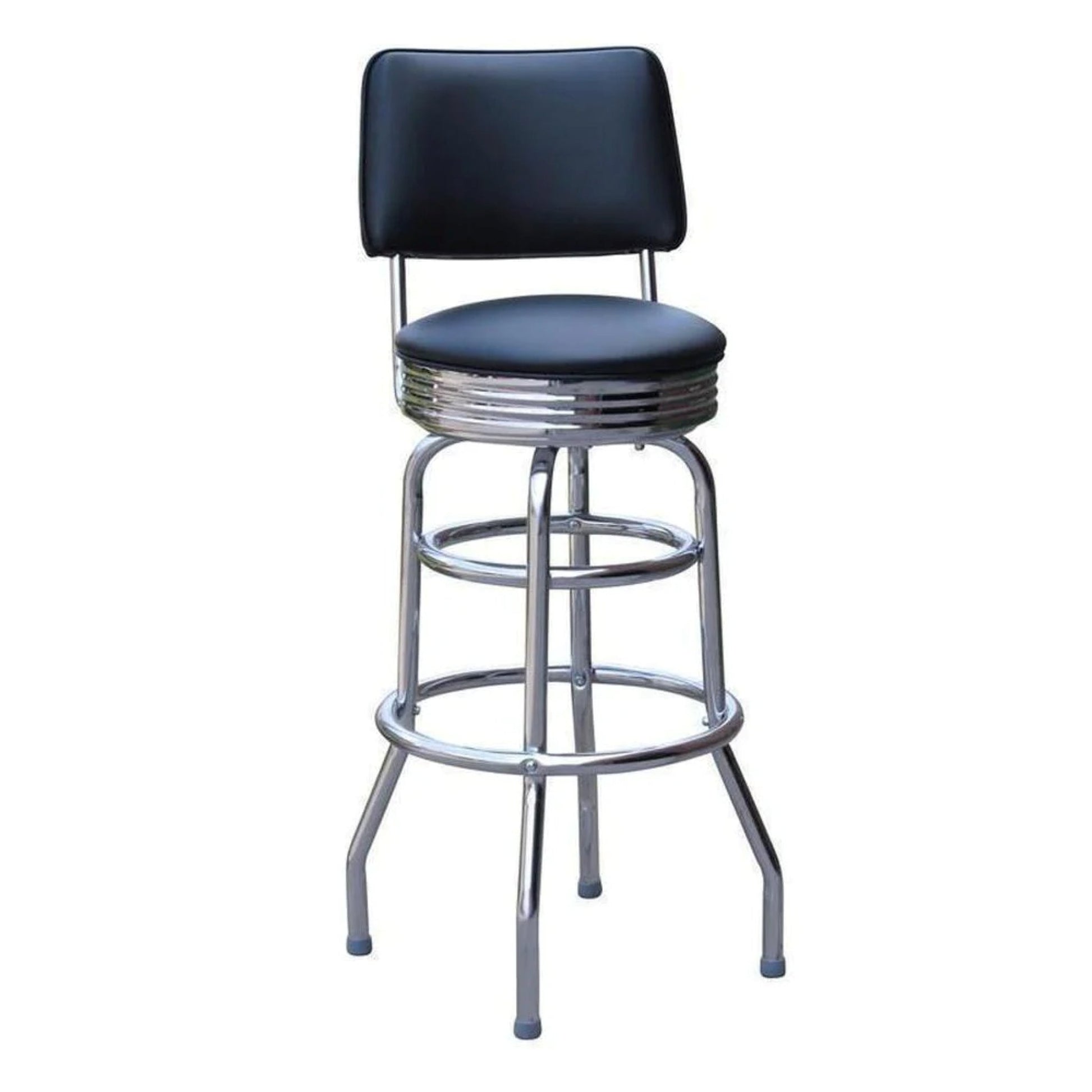Retro swivel bar stool with chrome pan seat, backrest, and double-ring metal frame