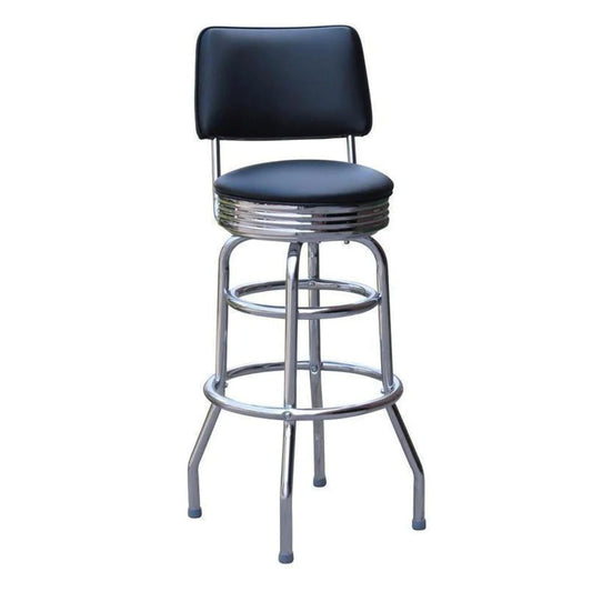Retro swivel bar stool with chrome pan seat, backrest, and double-ring metal frame