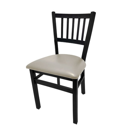 Dining chair with wood frame and dove gray vinyl seat.